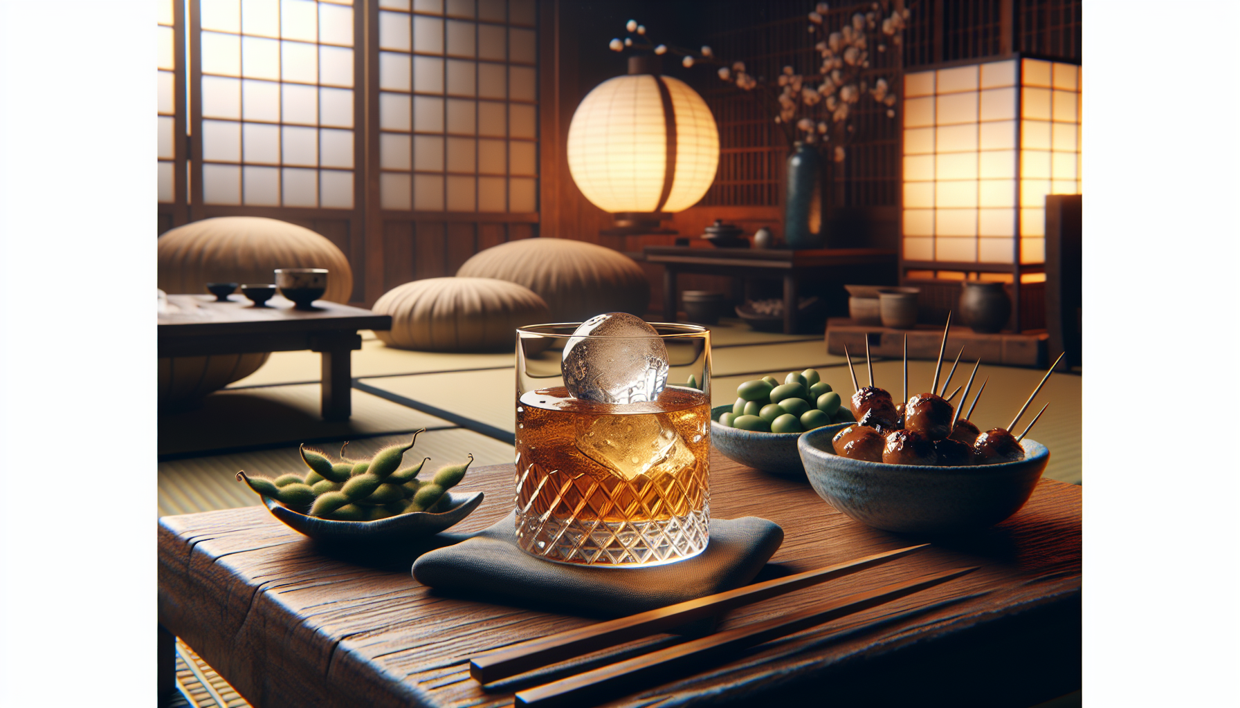 晩酌シーンのウイスキーとおつまみ