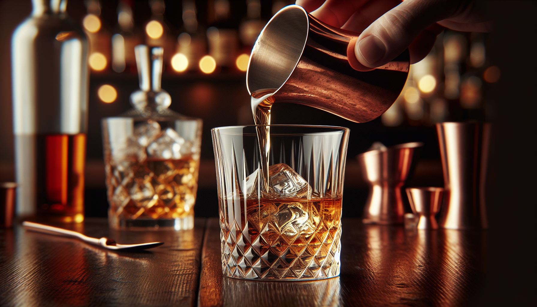 ウイスキーをジガーで計量する様子