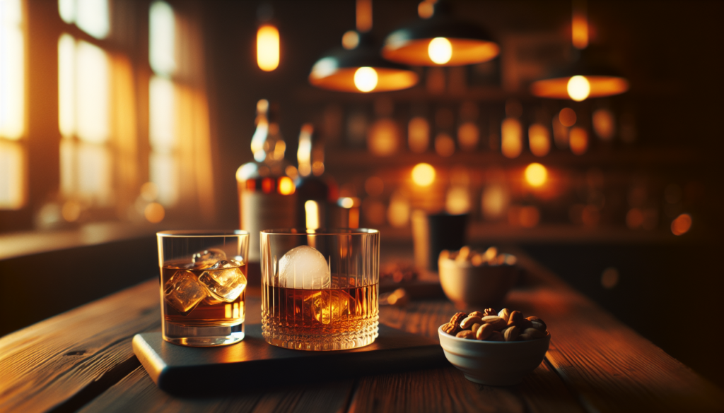 夜のキッチンカウンターでウイスキーグラスと和らぎ水が並ぶ晩酌シーン