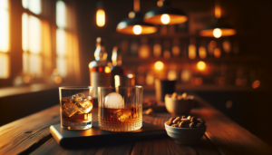 夜のキッチンカウンターでウイスキーグラスと和らぎ水が並ぶ晩酌シーン