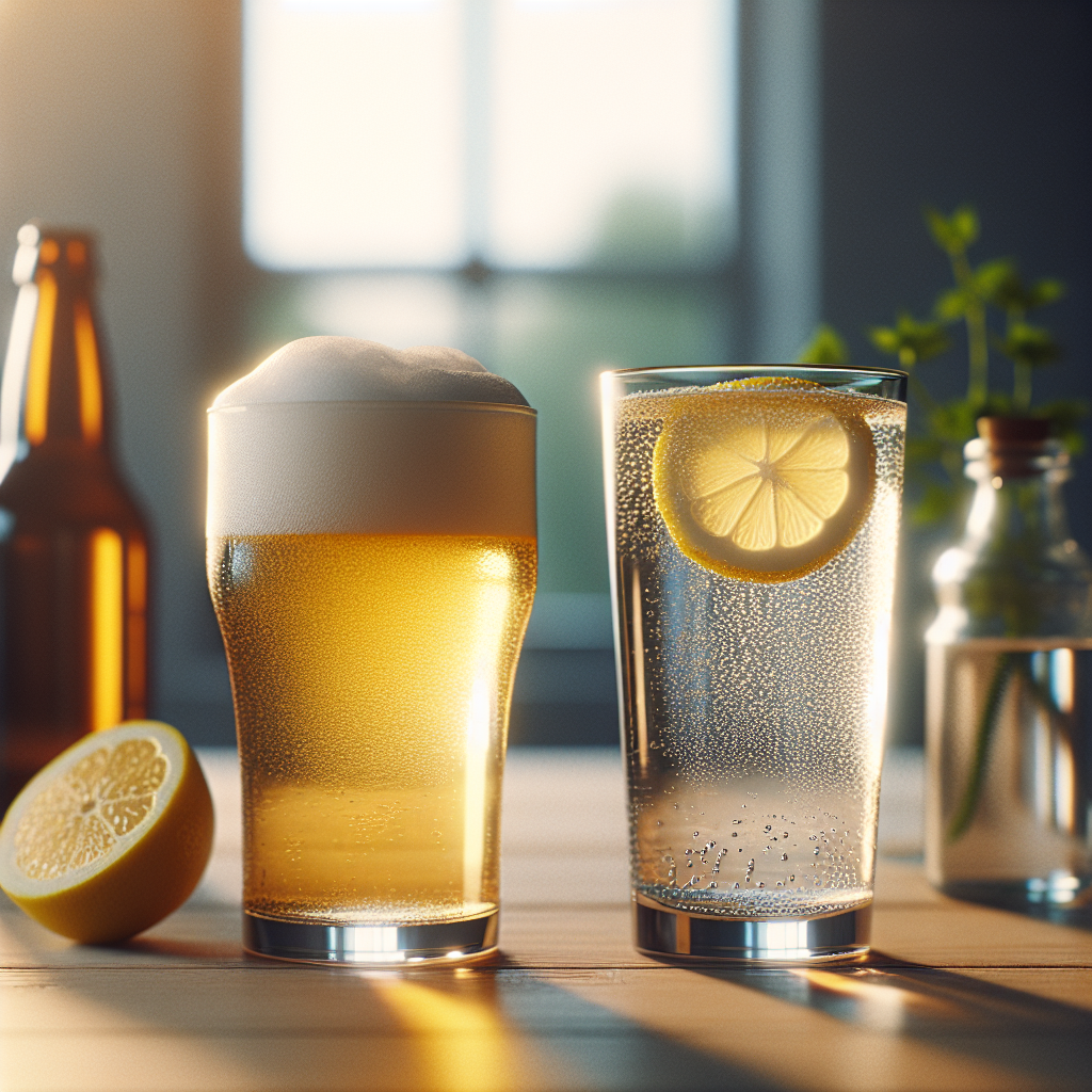 ノンアルコールビールと炭酸水のグラスが並ぶリラックスシーン