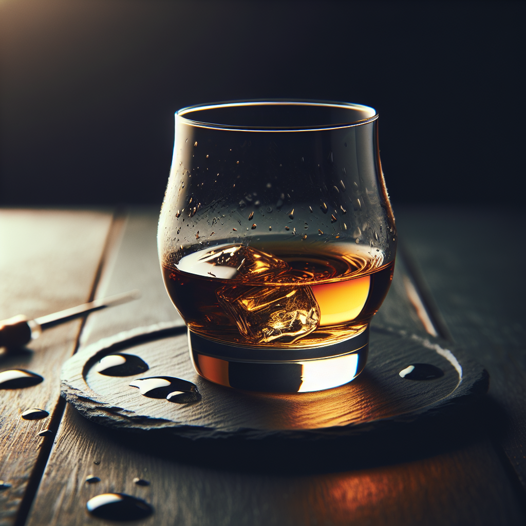 ウイスキーのテイスティンググラスに注がれた琥珀色の液体