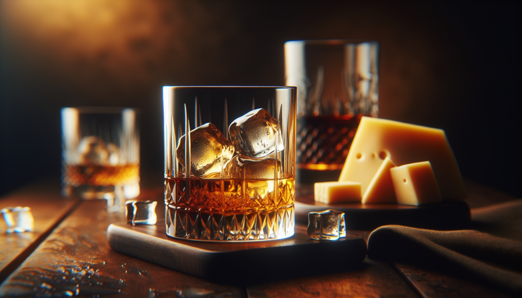 琥珀色のウイスキーが入ったロックグラスと燻製チーズのある晩酌シーン