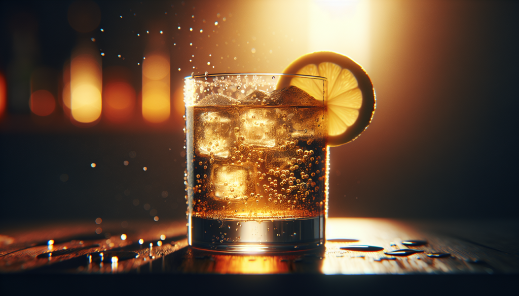 グラスに注がれたハイボールと炭酸水の泡が立ち上る様子