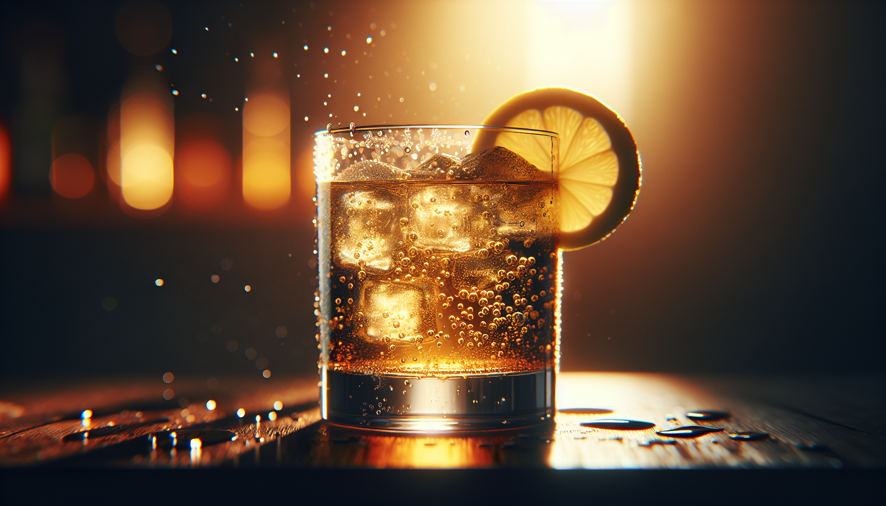 グラスに注がれたハイボールと炭酸水の泡が立ち上る様子