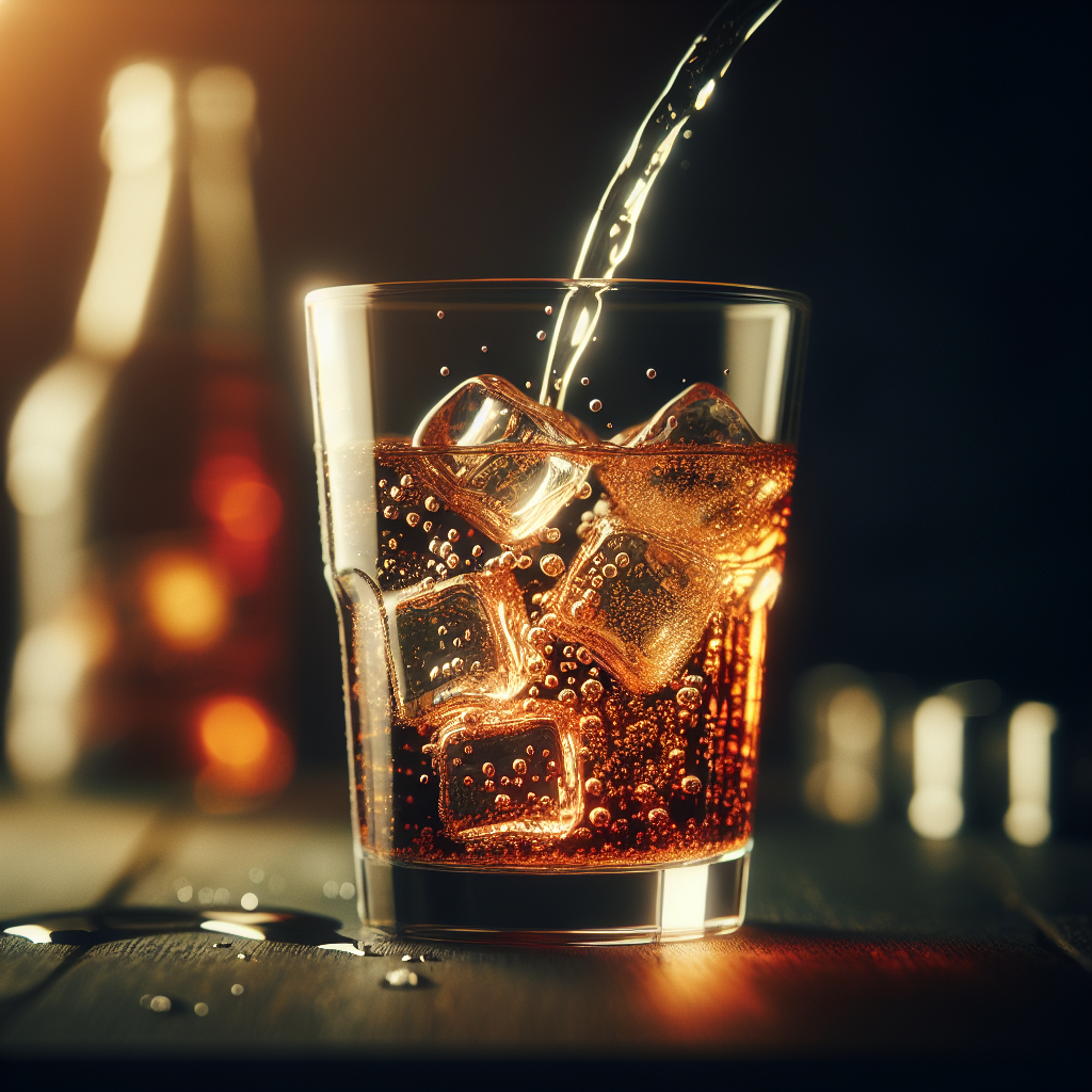 氷を入れた冷えたグラスに炭酸水をそっと注ぐ様子