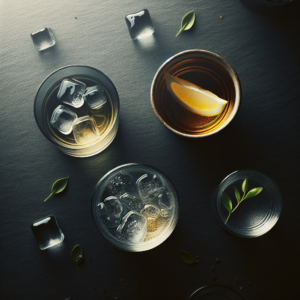 焼酎の水割り・お湯割り・炭酸割りが並ぶ飲み比べシーン