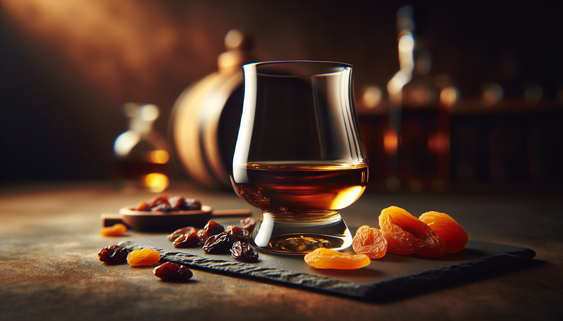 シェリーカスク熟成ウイスキーのグラスと琥珀色の液体