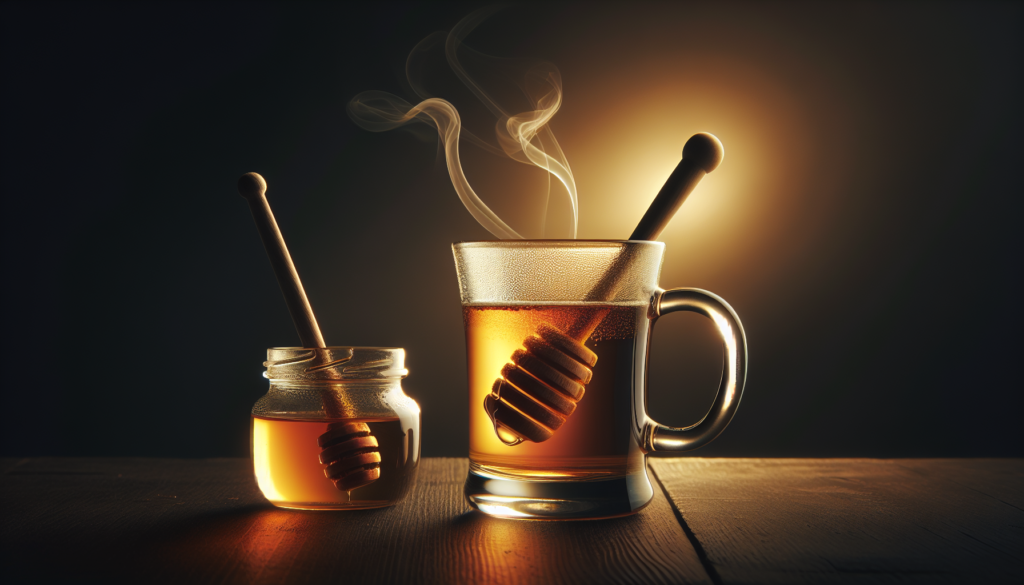 ウイスキーのはちみつお湯割りが入った耐熱グラスとはちみつのシーン