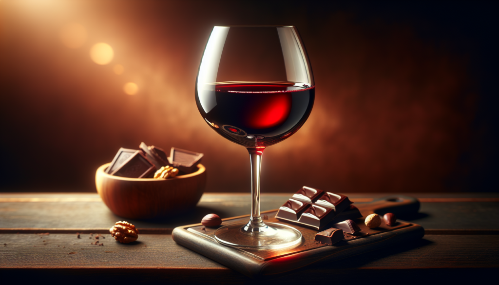 フルボディの赤ワインが注がれたグラスとおつまみ