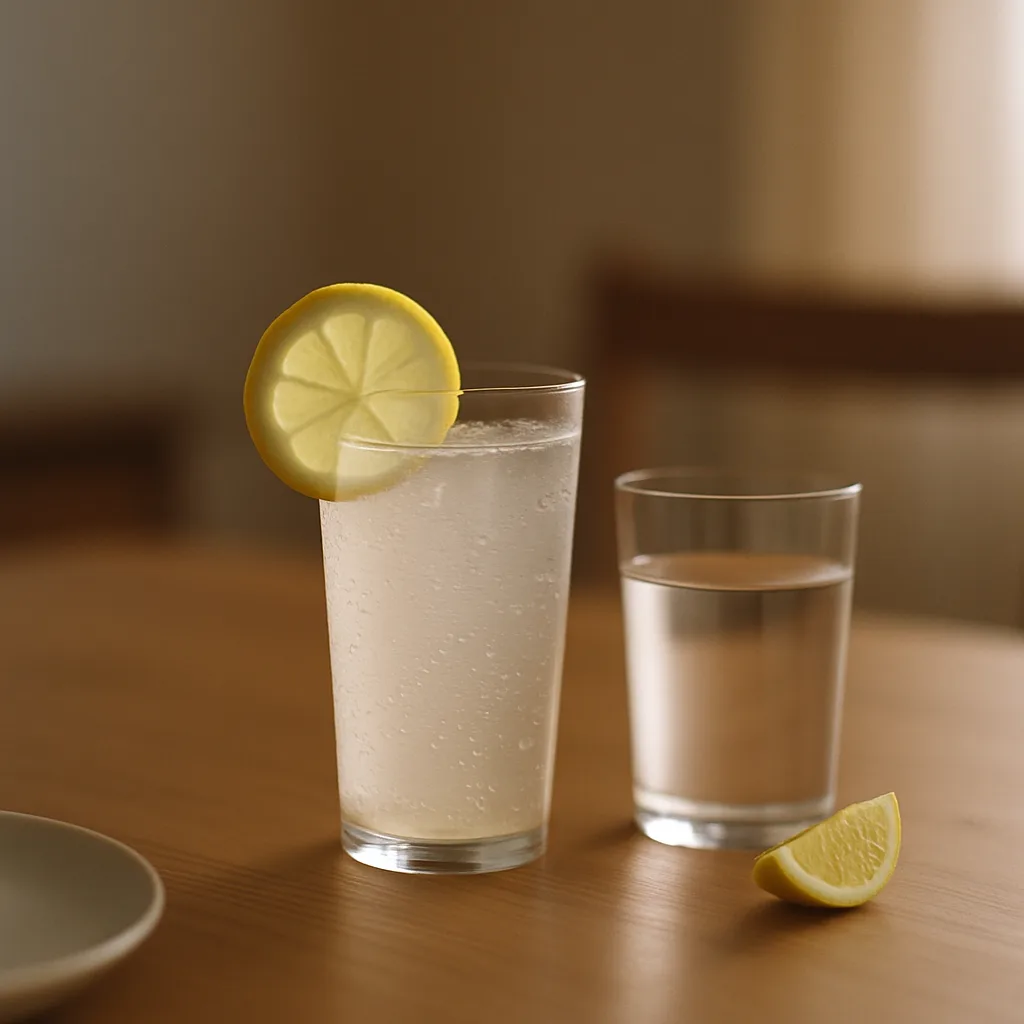 レモンサワーとチェイサーの水を並べた適量の晩酌イメージ