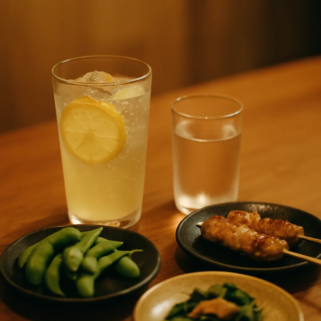 食事と一緒に楽しむレモンサワーと水、体に優しい晩酌のイメージ