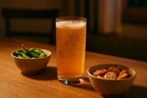 ハイボールグラスと枝豆・柿の種のある家飲みシーン