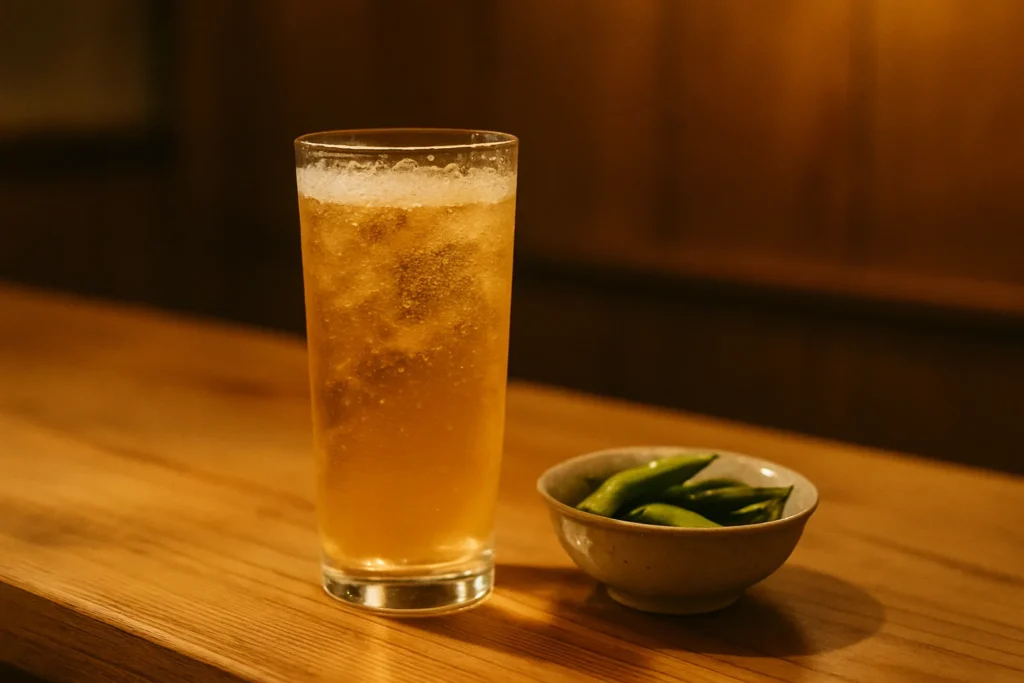 和風カウンターのハイボールグラスと枝豆の小鉢