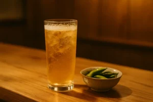 和風カウンターのハイボールグラスと枝豆の小鉢