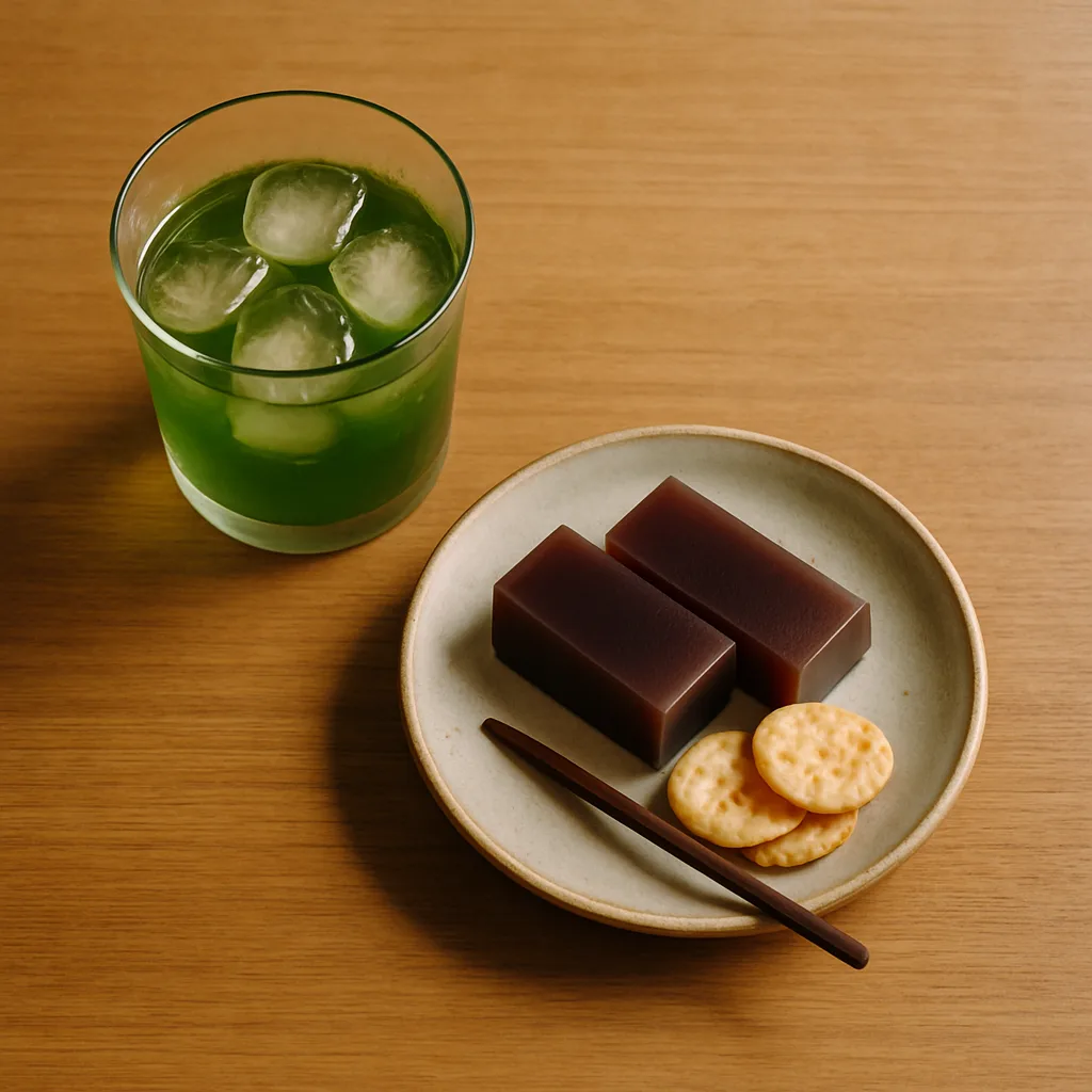 照葉樹林に合わせた羊羹と煎餅のおつまみ