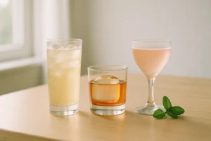 明るいテーブルに並んだ飲みやすいお酒3種のグラス
