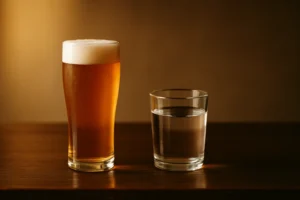 木のカウンターに並ぶビールのグラスと水のグラス