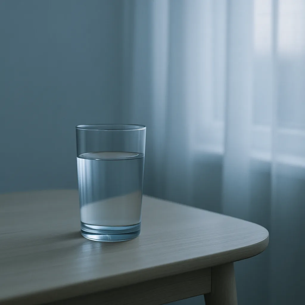 朝の窓辺に置かれた水のグラス