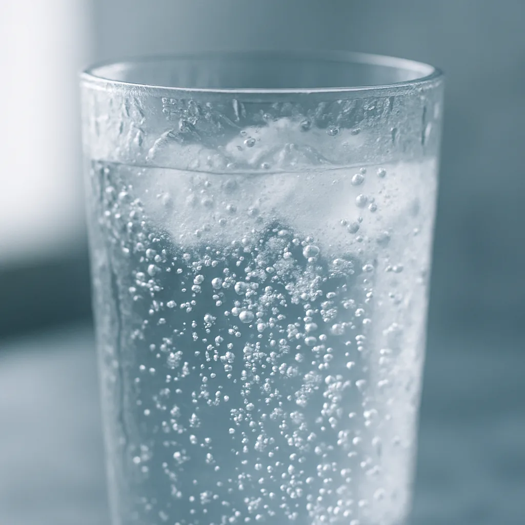 よく冷えた炭酸水のグラスと細かい気泡