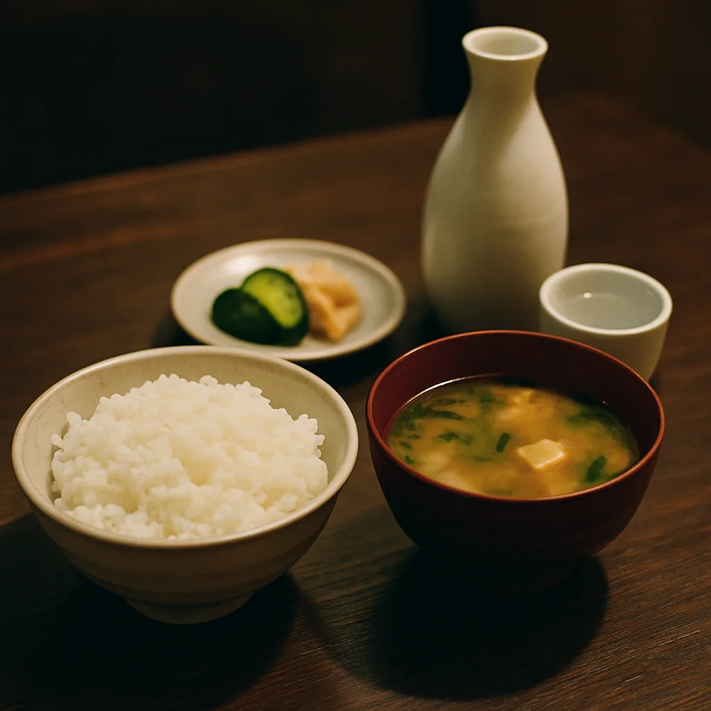 日本酒のお猪口と、〆のご飯・味噌汁が並ぶ和食の食卓