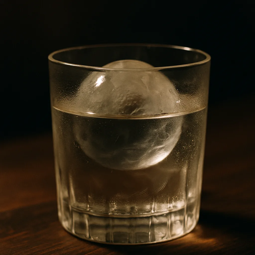 丸氷が溶けかけた焼酎ロックのグラス