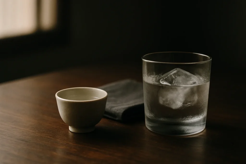 和のテーブルに並んだ日本酒のおちょこと氷入りの焼酎グラス