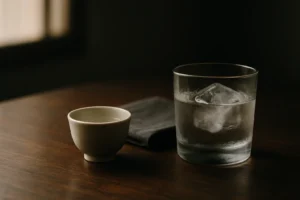 和のテーブルに並んだ日本酒のおちょこと氷入りの焼酎グラス