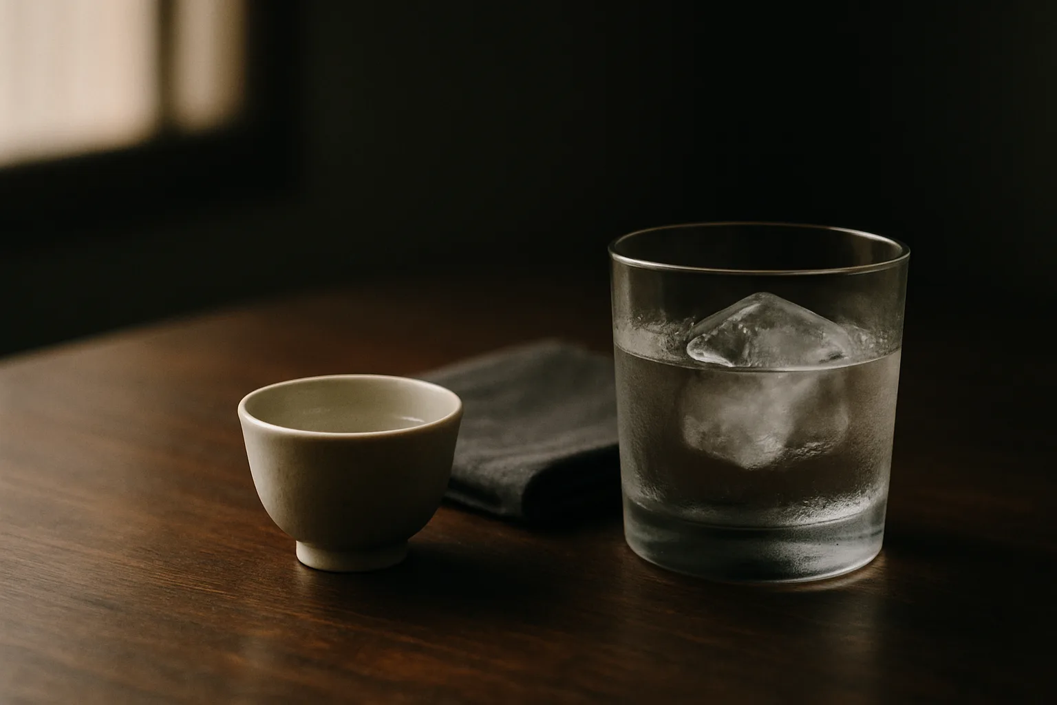 和のテーブルに並んだ日本酒のおちょこと氷入りの焼酎グラス