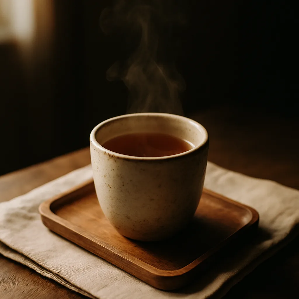 湯気の立つ厚手の湯のみに入った香ばしい茶と木のトレー