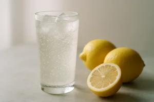 氷とレモンが入った炭酸チューハイのグラスと丸ごとのレモン