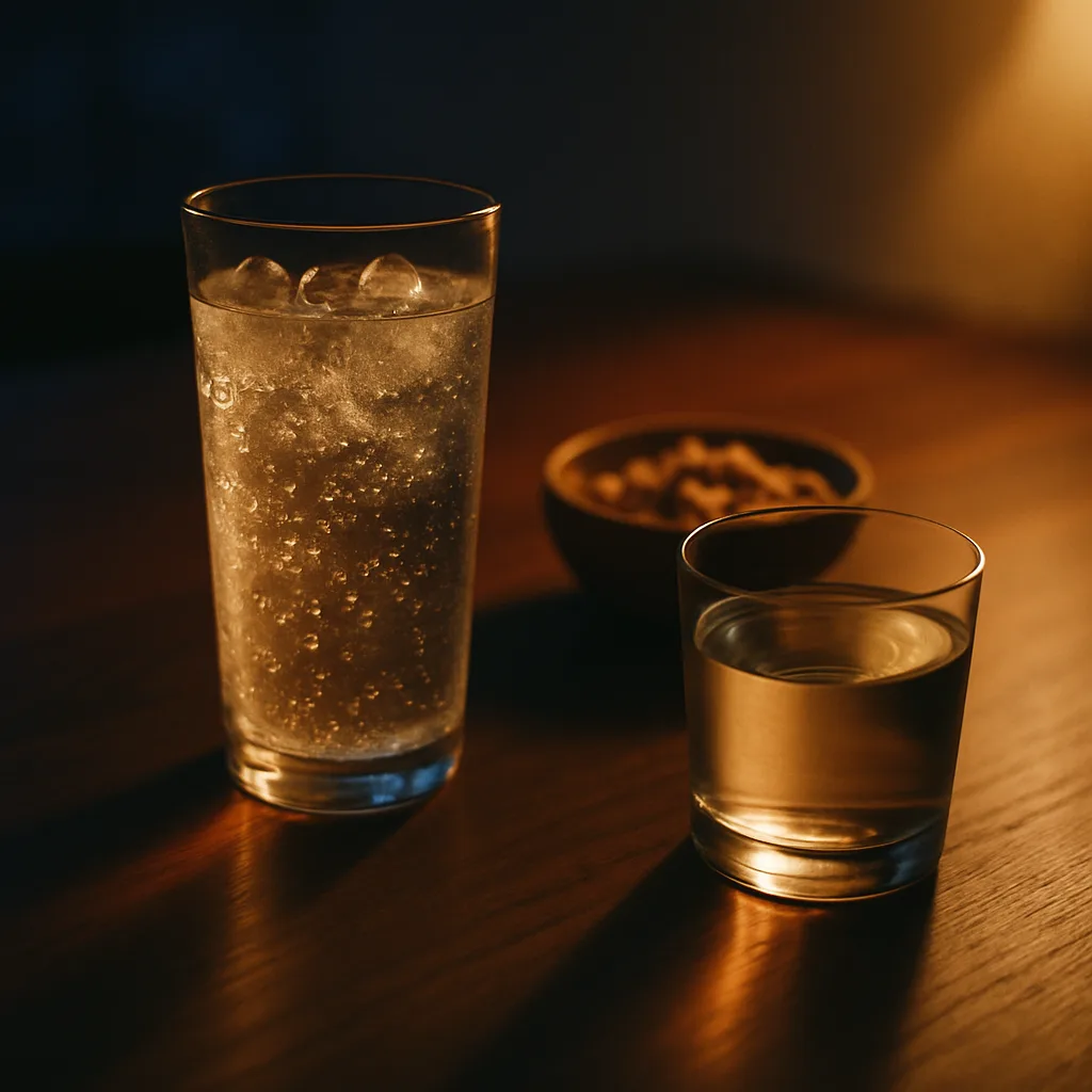 炭酸のグラスの横に水のグラスとナッツの小鉢が置かれた食卓