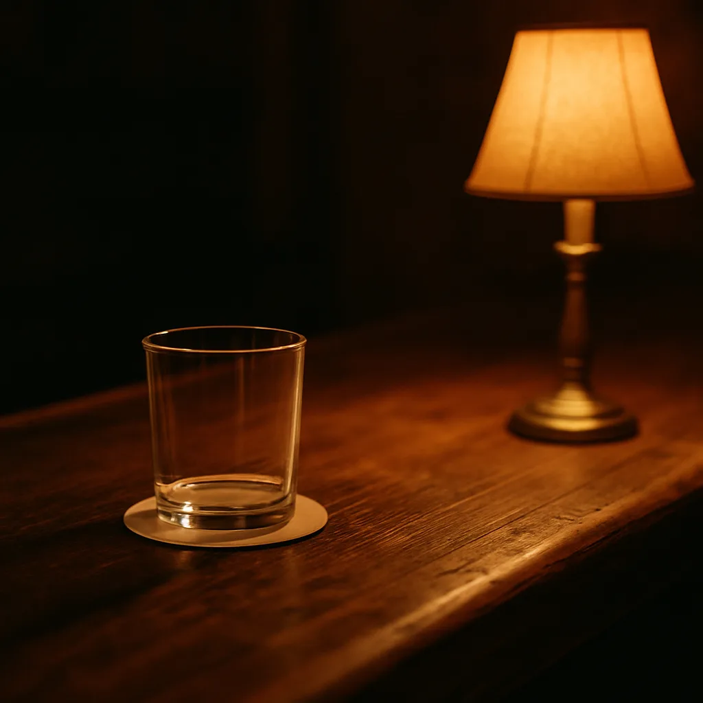 昭和の酒場を思わせる、真鍮のランプに照らされた古い木のカウンターと空のグラス