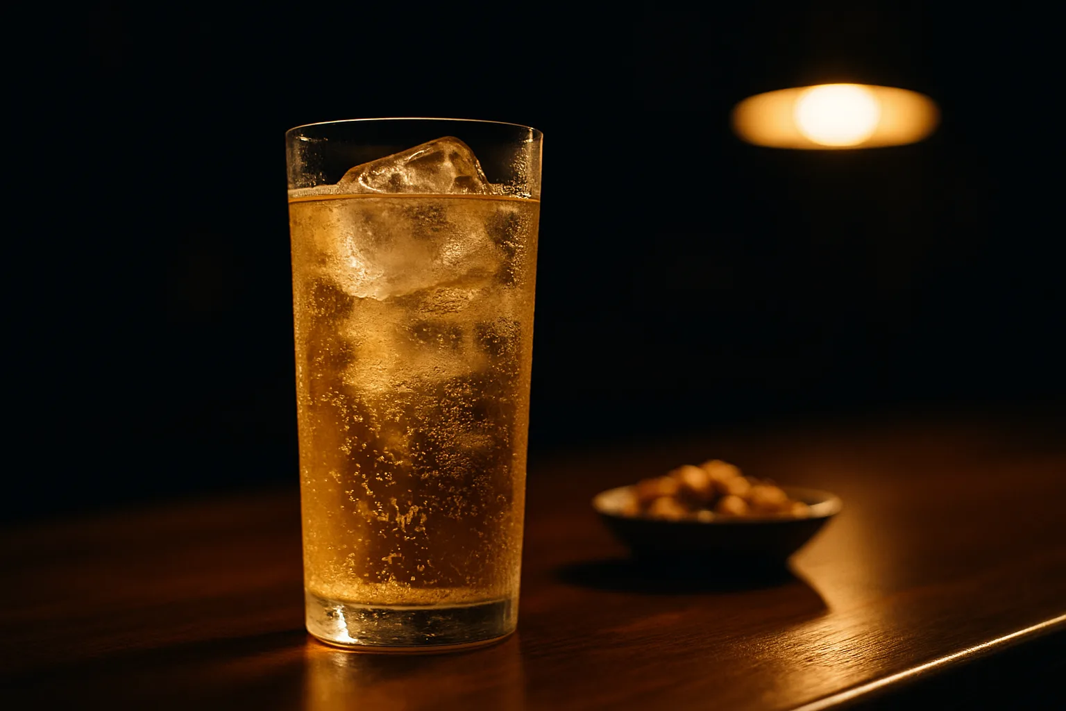 夜のカウンターに置かれた、炭酸の立ちのぼるハイボールのグラス