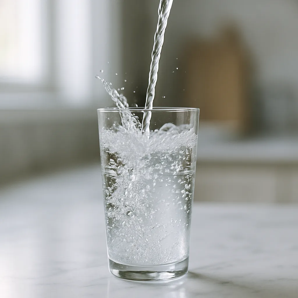 グラスに注がれる炭酸水のしぶきと泡