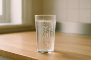 キッチンカウンターに置かれた、細かい泡が立ちのぼる炭酸水のグラス