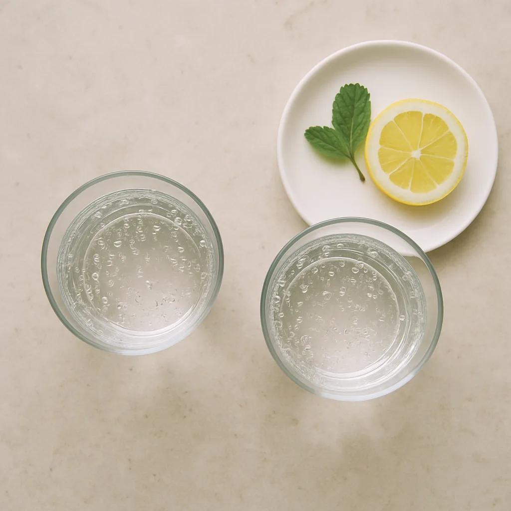 北欧風のキッチンに並んだ2つの炭酸水のグラス