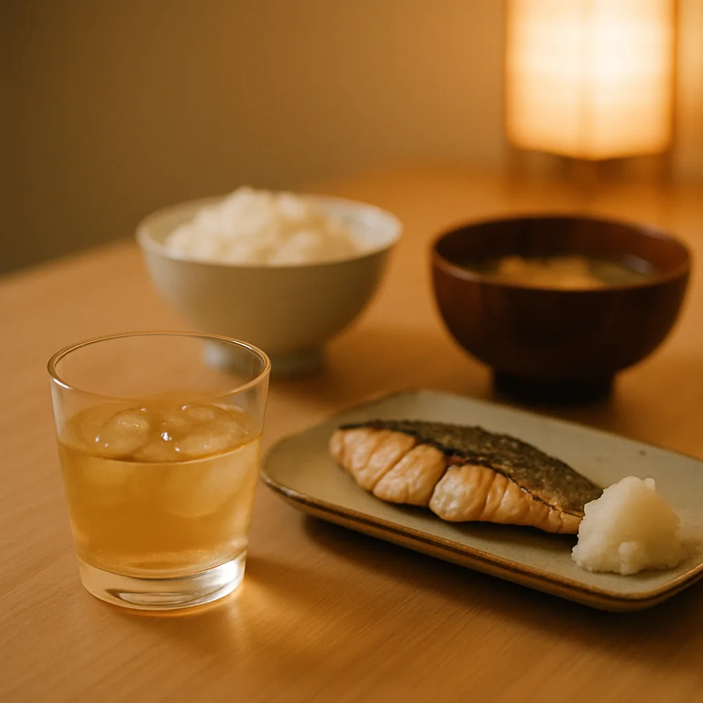 焼き魚と白ごはんの和食の食卓に、淡い色のウイスキーのグラスが添えられている