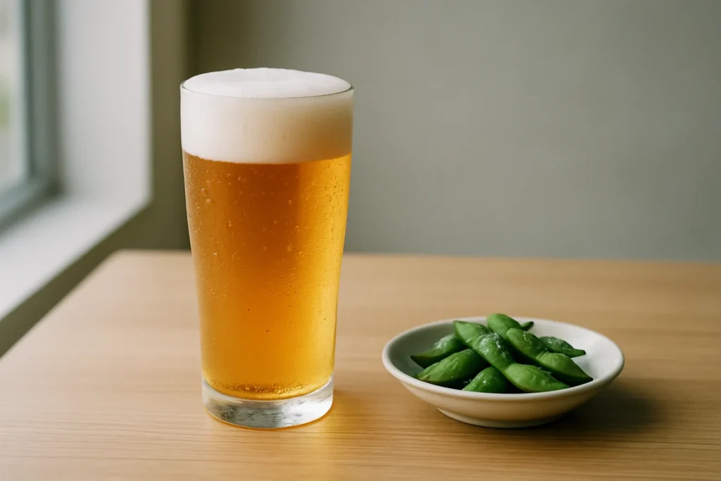 グラスに注がれたノンアルコールビールと枝豆