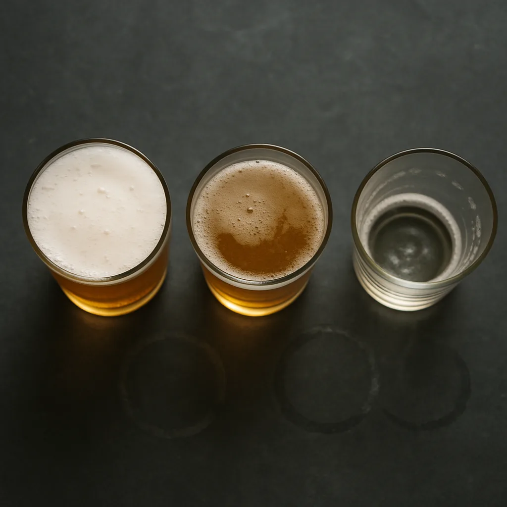 テーブルに並んだ複数のグラスのノンアルコールビール