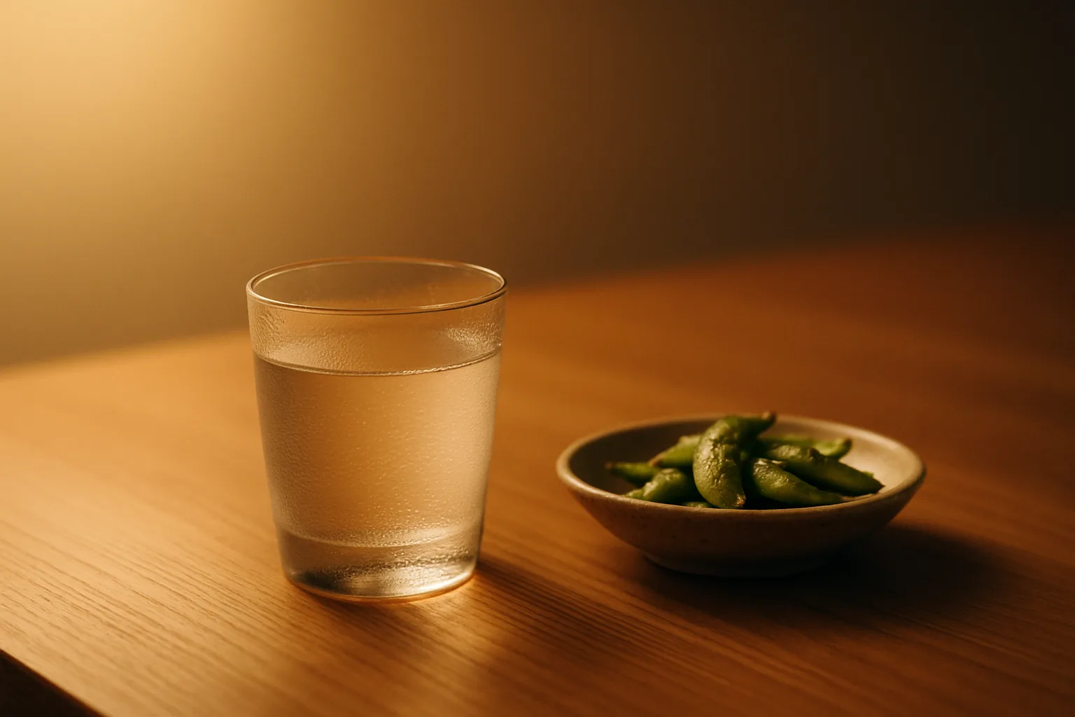 冷やした低アルコールの日本酒をグラスに注いだ晩酌のイメージ