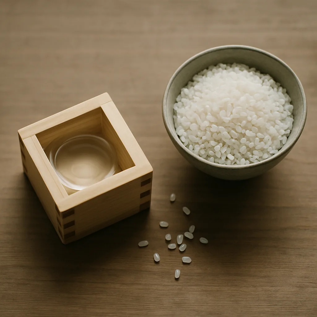 白米と升に入った日本酒を並べた原材料のイメージ
