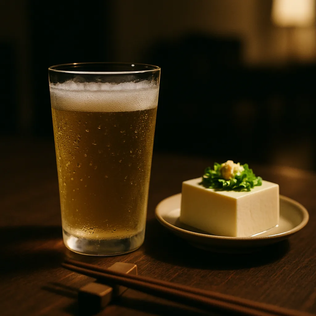 夜の食卓で、冷奴と一緒に置かれた発泡酒のグラス