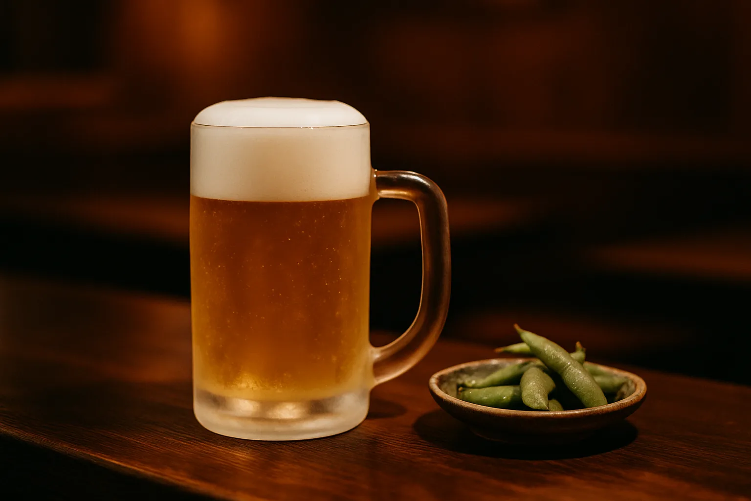 居酒屋のカウンターに置かれた、泡の立ったホッピーのジョッキ