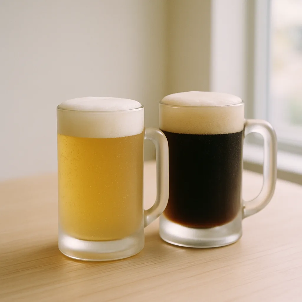 淡色と黒、2種類のビアテイスト飲料のジョッキ