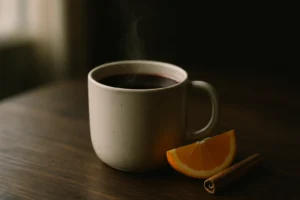 湯気の立つホットワインのマグカップとオレンジスライス、シナモンスティック