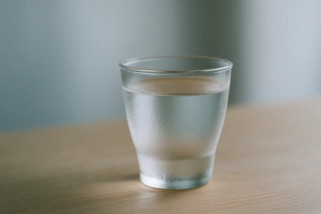 冷やした透明な日本酒が注がれた小ぶりのグラス。結露が付いた澄んだ液体のクローズアップ