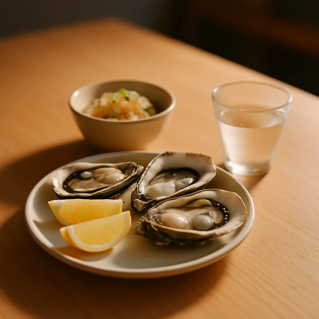 レモンを添えた生牡蠣と春雨サラダの横に置かれた冷酒グラス。軽い料理と冷やした日本酒の組み合わせ