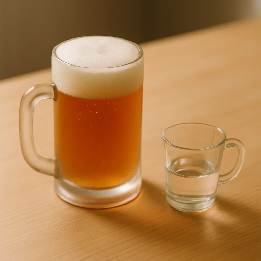 家の食卓に置かれた、泡の立った麦色のジョッキと焼酎を注いだ小さなグラス