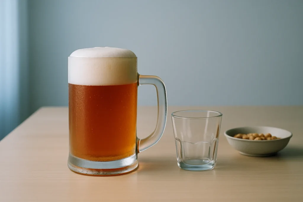 泡の立った麦色のジョッキと、焼酎を注ぐ前の小さなグラス